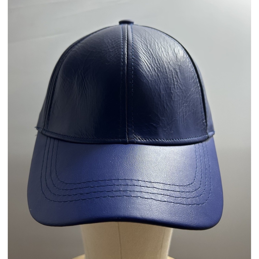 Genuine Leather Baseball Cap Blue Made in USA Adjustable Strap Hat One Size